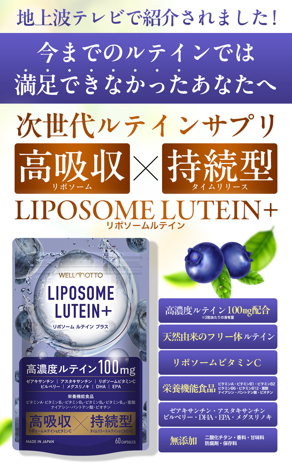 リポソーム ルテイン サプリ 2粒に100mg 高濃度 高吸収 持続型 ゼアキサンチン ブルーベリー 栄養機能食品 60カプセル WELLMOTTO