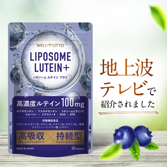 リポソーム ルテイン サプリ 2粒に100mg 高濃度 高吸収 持続型 ゼアキサンチン ブルーベリー 栄養機能食品 60カプセル WELLMOTTO