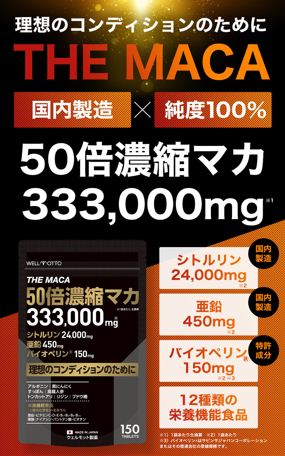 50倍濃縮 マカ サプリ 333,000mg 亜鉛 450mg シトルリン 24000mg バイオペリン 150mg アルギニン THE MACA 栄養機能食品 (12種類の ビタミン ミネラル ) 日本製 150粒 WELLMOTTO